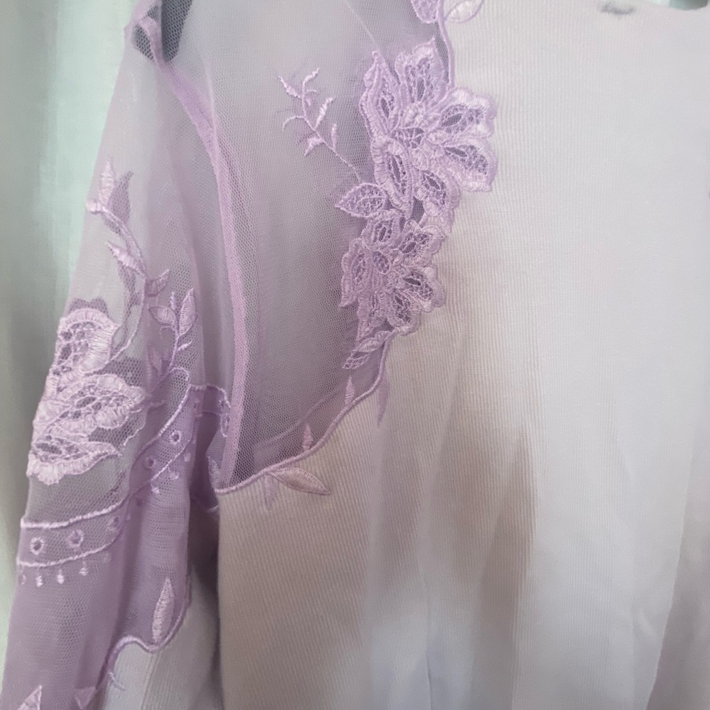 Free People Romantic Lilac Long Sleeve Top with Mesh Shoulders Floral Embroidery - Picture 9 of 9